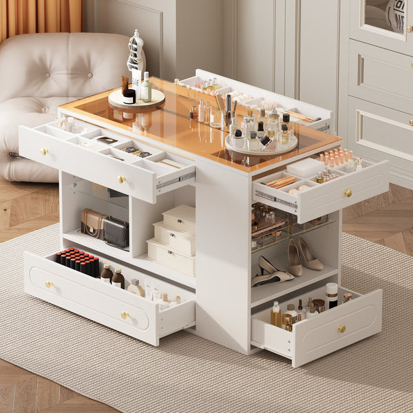 English Elm Closet Elegant walk-in island with glass display top, 6 drawers and open shelves for organized storage White 39.76 L x 17.32 W x 12.2 H N733S304513K