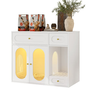 English Elm Cat Litter Box Cabinet with Led Lighting Acrylic Doors and Drawer Storage End Table White N704P402444K