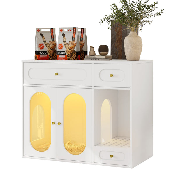English Elm Cat Litter Box Cabinet with Led Lighting Acrylic Doors and Drawer Storage End Table White N704P402444K