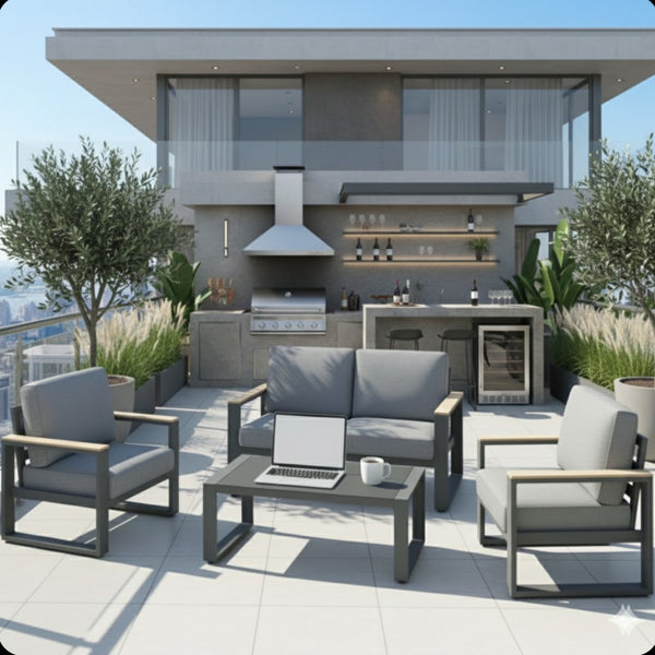 English Elm All-weather Aluminum Patio Conversation Set with Deep Cushions and Tempered Glass Table Gray B082S00113
