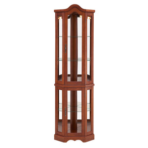 English Elm Corner Curio Display Cabinet with Mirrored Back, Interior Lighting, Adjustable Glass Shelves, Elegant Finish Walnut W1693P171662