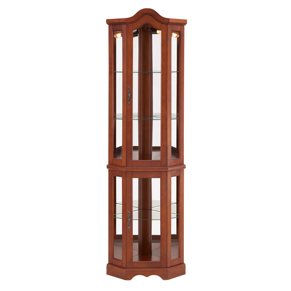 English Elm Corner Curio Display Cabinet with Mirrored Back, Interior Lighting, Adjustable Glass Shelves, Elegant Finish Walnut W1693P171662