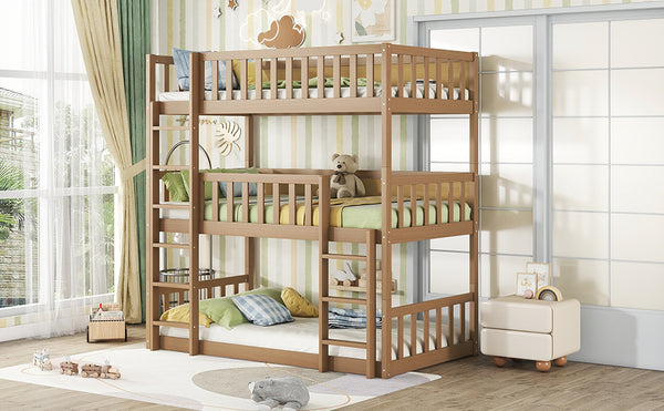 English Elm Twin Triple Rubberwood Bunk Bed with Ladders & Guardrails, Space-Saving Modular Design for Families White Oak W504S00172