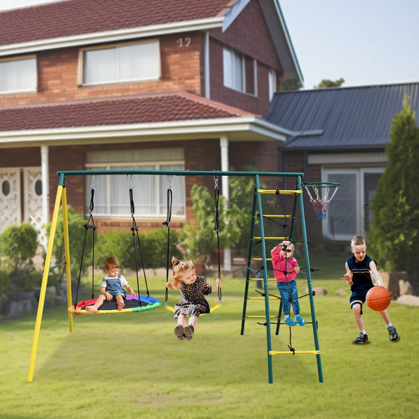 English Elm 4 in 1 Kids Outdoor Swing Set Steel A-frame with Climbing Net and Basketball Hoop W1408P169751