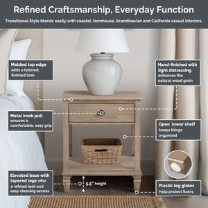 JLA Home Madison Park Signature - one-drawer solid wood bedside table with tapered legs, smooth-glide drawer and open shelf, timeless style 19 L x 24 W x 28.5H MPS136-0181