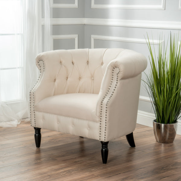 English Elm Christopher Knight Home® - Akira Tufted Club Chair Beige Fabric with Studded Arms, High Back Comfort, Elegant Throne Appeal 59259.00FBEI