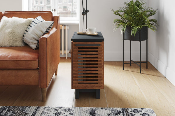 English Elm 13" Modern Chairside Table Black & Bourbon Finish — Scandinavian Poplar/Okume, Slatted Door, Ready-to-Use B108131542
