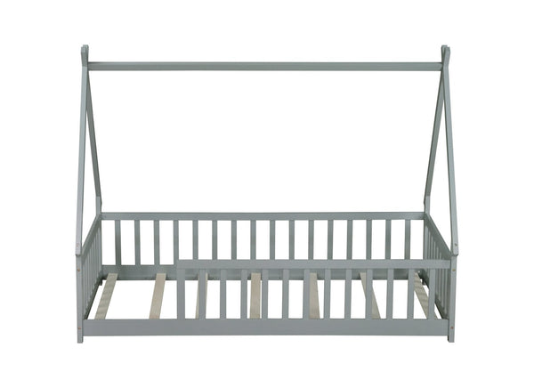 English Elm Twin Tent-Shaped Floor Bed With Guardrails, Grey Teepee Design For Safe Playful Sleep & Comfort W504P345774-GIGA