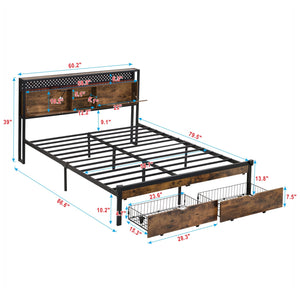 English Elm Queen Metal Platform Bed Frame with Wooden Headboard & Footboard, USB/Outlets, LED Remote, 2 Drawers, 600LB Limit, Black-Brown W2297P236942