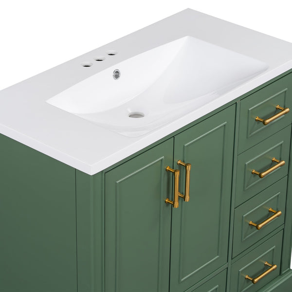 English Elm 36-inch Green Traditional Bathroom Vanity with Resin Sink, 2 Doors 4 Drawers, Gold Handles, Soft-Close hinges, 36"W x 18"D x 34"H SV000026AAF