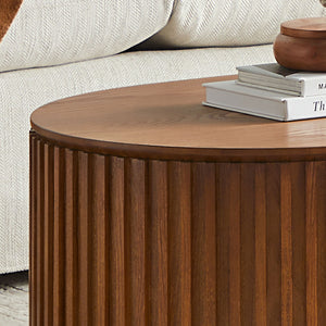 English Elm 51.18'' Oval Mdf Coffee Table with Hidden Drawer Mid-century Pedestal Base Brown W876P370284