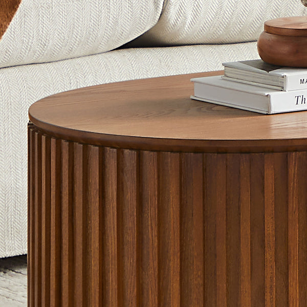 English Elm 51.18'' Oval Mdf Coffee Table with Hidden Drawer Mid-century Pedestal Base Brown W876P370284