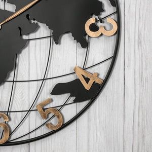 English Elm 36 Inch Large Black Metal Wall Clock - Modern Silent World Map Design With Vintage Gold Numerals W1445P249305