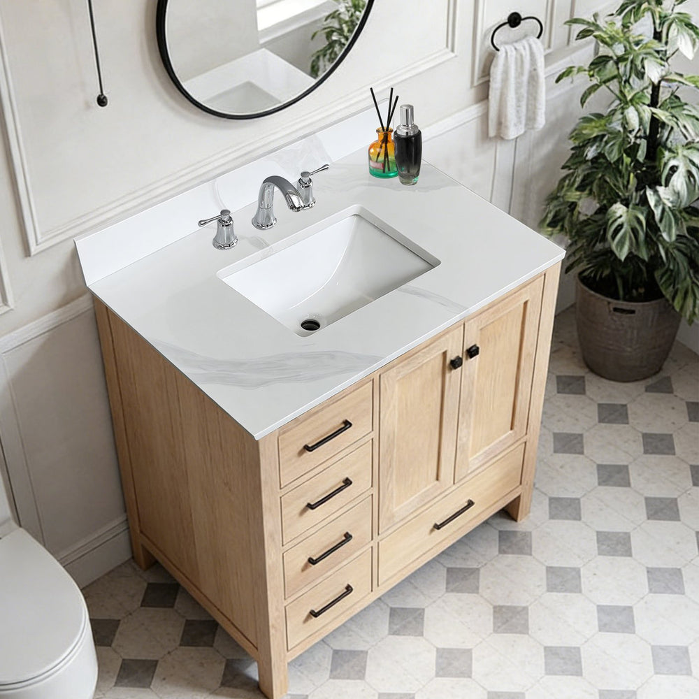 English Elm 37-inch Carrara Quartz Vanity Top Undermount Sink Backsplash Stain Resistant Bath W2699P459406