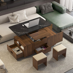 English Elm Modern Lift-Up Coffee Table with 4 Stools Set — Space-Saving Convertible Dining Table with Hidden Storage and Cushioned Seating Wood 33.86 L x 24.33 W x 7.99 H W1321S00030