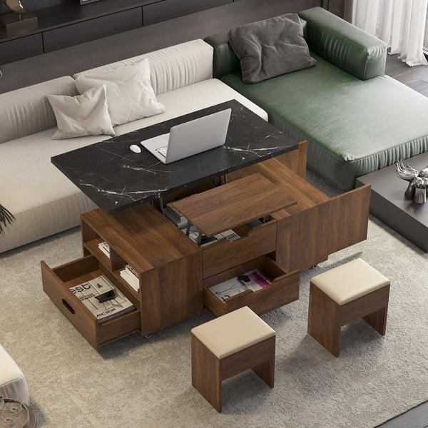 English Elm Modern Lift-Up Coffee Table with 4 Stools Set — Space-Saving Convertible Dining Table with Hidden Storage and Cushioned Seating Wood 33.86 L x 24.33 W x 7.99 H W1321S00030