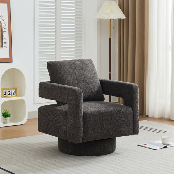 English Elm 29.13" Swivel Accent Chair — Modern Bouclé Rotating Lounge Chair with Removable Cushion, Solid Wood Frame, Cozy Design Charcoal W1852P211992