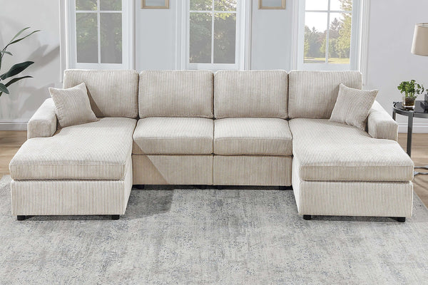 English Elm Modern Corduroy Three Piece Sectional Sofa with Chaise for Contemporary Living Rooms Ivory B011S02186