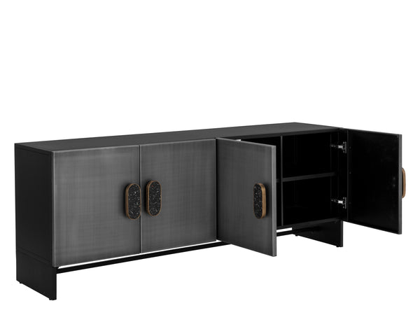 Sunpan Viserys Sideboard - Elegant Black Terrazzo Marble & Antique Zinc Iron Doors for Unique Dining Style