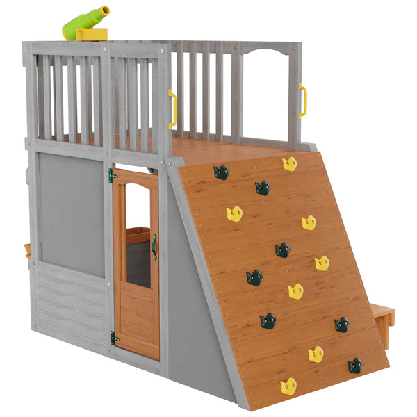 English Elm Large Two Story Wooden Kids Outdoor Playhouse with Lookout Telescope Sandbox and Ramp W2992S00003