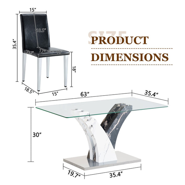 English Elm Table 7-Piece Modern Dining Set With Glass Top, Artistic Mdf Legs, And 6 Comfortable Pu Chairs W1151S03803-GIGA