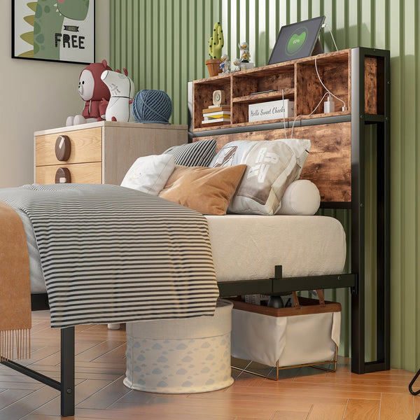 English Elm Twin Metal Platform Bed with Storage Headboard, USB Charging Station, Bookcase Shelves, Rustic Appeal W840P192226