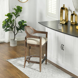 English Elm Jennifer Taylor Home - Americana Mid-Century Modern 26" Cane Back Counter Stool – Stylish Taupe-Biege Upholstery & Oak Frame B2719P238383