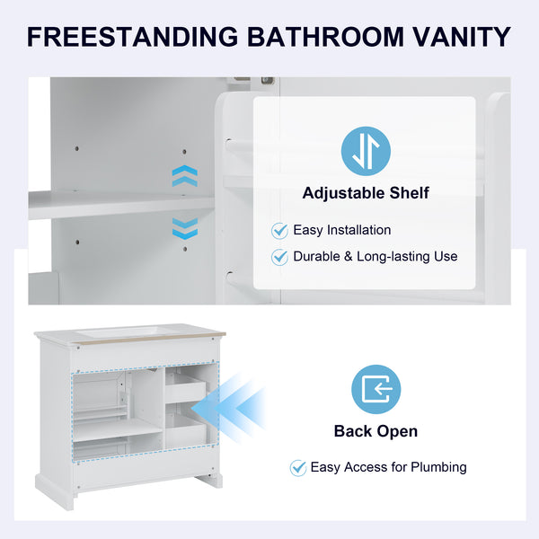 English Elm 36-Inch Modern Bathroom Vanity with Ceramic Basin, 4 Drawers & Soft-Close Door, Pre-Drilled Faucet Ready, Durable MDF and Solid Wood Construction (36"L x 18.3"W x 33.4"H) White N725P296118K