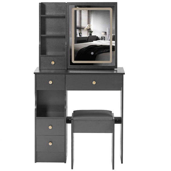 English Elm 29.2" Compact Left Drawer Vanity Table With Cushioned Stool, Touch Control Led Mirror & Storage Solution W936P202449