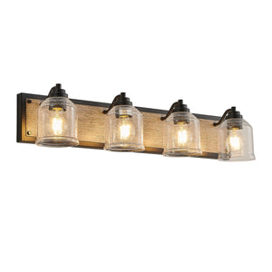 English Elm 32" Farmhouse Vanity Light Fixture - 4-Light Industrial Wall Sconce, Clear Seeded Glass, Black Wood Blend W2312P374827