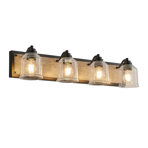 English Elm 32" Farmhouse Vanity Light Fixture - 4-Light Industrial Wall Sconce, Clear Seeded Glass, Black Wood Blend W2312P374827