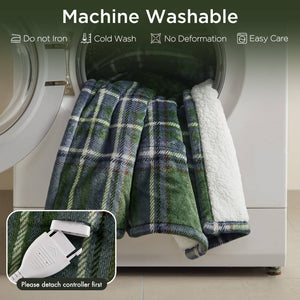 English Elm 1-piece Aztec Heated Throw with 12 Settings Auto Shutoff Soft Ivory Boho Blanket Green Plaid B035P408331