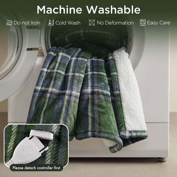 English Elm 1-piece Aztec Heated Throw with 12 Settings Auto Shutoff Soft Ivory Boho Blanket Green Plaid B035P408331