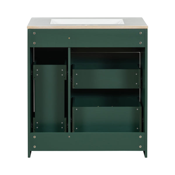 English Elm Classic 30" Forest Green Bathroom Vanity with Gold Handles, Double-Layer Drawer, Ceramic Sink Elegance N729P194978F