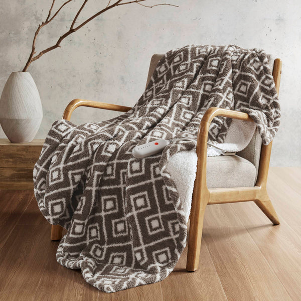 English Elm 1 Pcs 50X60" Dream Soft Heated Throw - Luxurious Brown Geo Design For Cozy Warmth & Comfort B035P319632