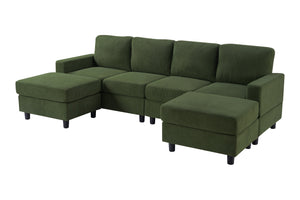 English Elm 98.8" Corduroy U-shaped Sectional with Modular Ottomans and Dense Foam for Family Rooms Green W5515S00031