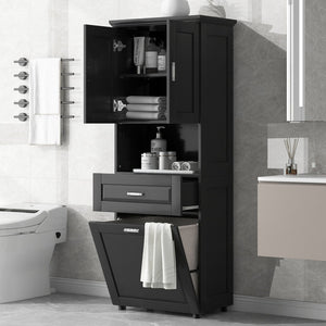 English Elm Tall Bathroom Cabinet with Tilt-Out Laundry Hamper, Adjustable Shelves, Anti-Tip Design & Large Storage Black WF323481AAB