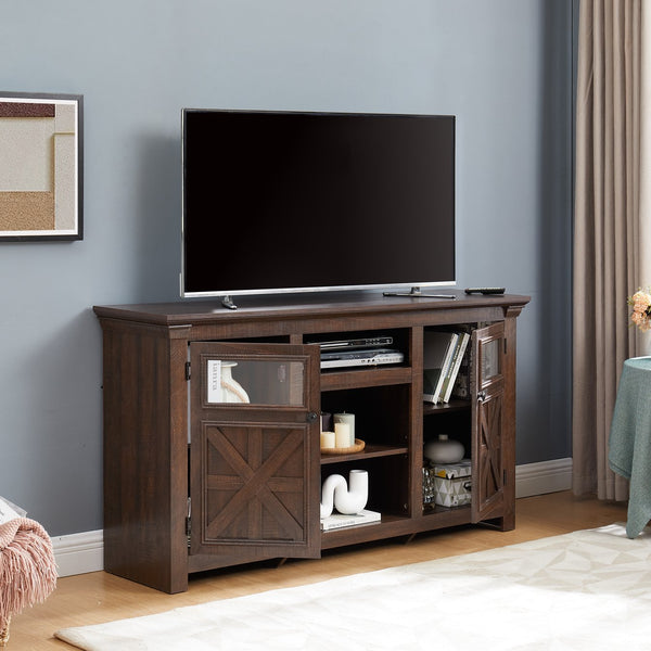 English Elm 2 Door Farmhouse Media Console with Glass Cabinet Panels and Open Shelving for Living Rooms W2275P389693