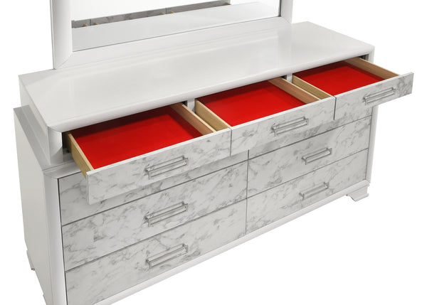 English Elm Soul White Modern Dresser with Marble-Pattern Fronts, 3 Small + 6 Large Drawers, Smooth Slides, Silver Handles B009P309603