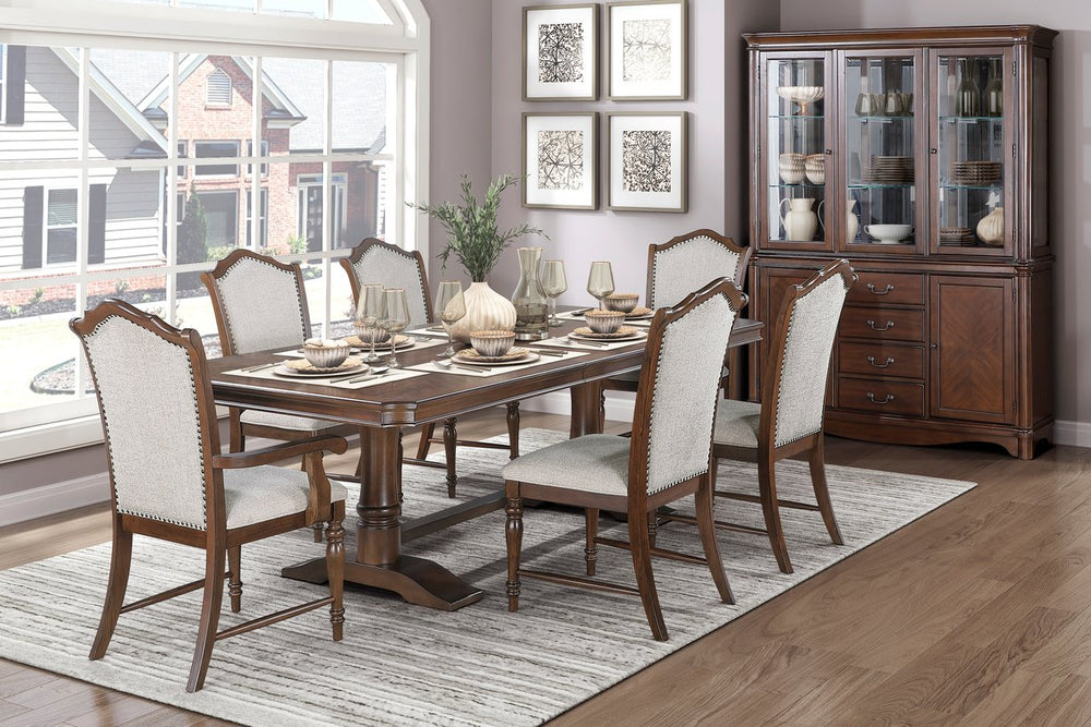 English Elm Formal Seven Piece Cherry Trestle Dining Set with Nailhead Upholstered Seating B011S01373