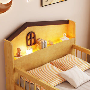 English Elm Low Twin Loft Bed with House-Style Headboard and Built-In LED Lights for Modern Kids' Rooms Natural 42.91 L x 28.35 W x 6.69 H W2593S00007