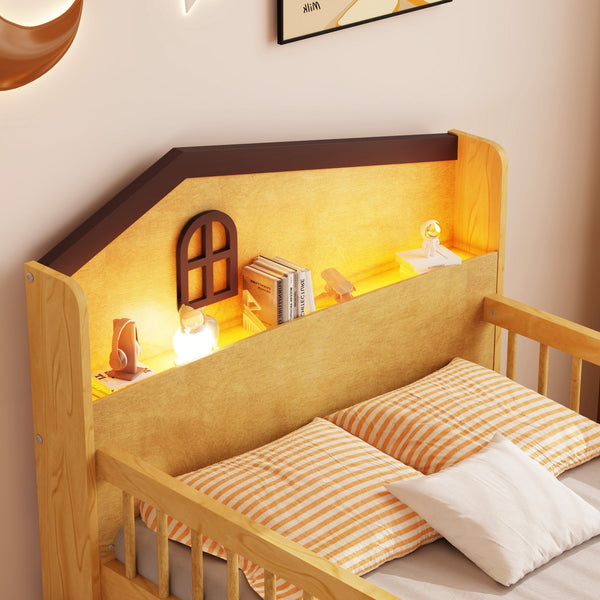 English Elm Low Twin Loft Bed with House-Style Headboard and Built-In LED Lights for Modern Kids' Rooms Natural 42.91 L x 28.35 W x 6.69 H W2593S00007