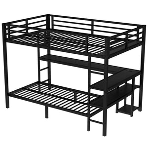 English Elm Full Over Twin Bunk Bed With Integrated Desk, Led Lighting & Usb Ports, Versatile Black Metal Design W1580S00127