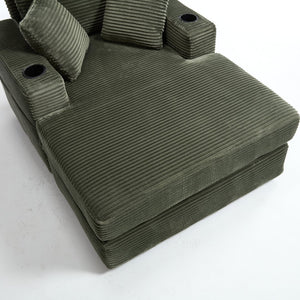 English Elm [New]Corduroy Upholstered Chaise Lounge Sofa with Detachable Cushions, Deep Seat, Cup Holders Green W2120P322754