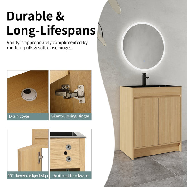 English Elm 28" Freestanding Bathroom Vanity with Gun-Gray Stainless Sink, Soft-Close Doors, Adjustable Shelves, Plywood Finish W999P376890