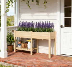 English Elm Elevated Fir Wood Raised Planter with Foldable Side Table and Bottom Storage Shelf T3971P423012