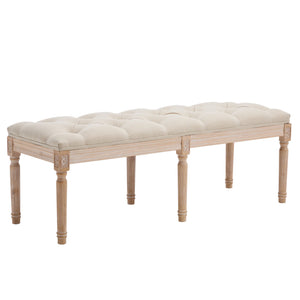 English Elm Bedroom Bench Linen Tufted Seat with Hand Carved Rubberwood Legs French Country Style W3244P500175