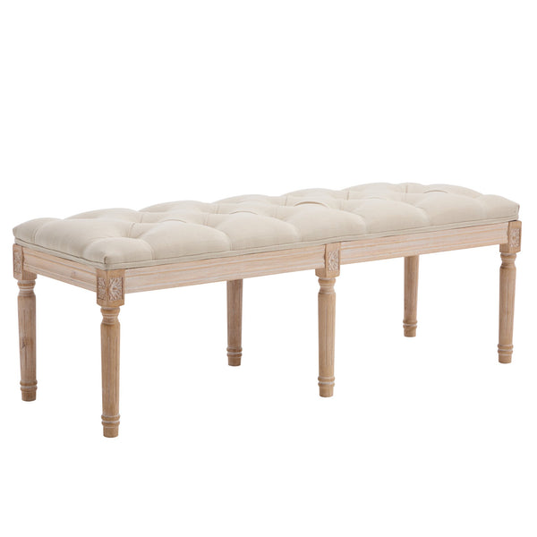 English Elm Bedroom Bench Linen Tufted Seat with Hand Carved Rubberwood Legs French Country Style W3244P500175