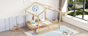 English Elm Double Twin House-Style Floor Bed with Fence Guardrails for Kids, Pine & Plywood Durable Design Natural W504P308461