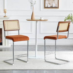 English Elm Natural Rattan Backrest Counter Stools Set of Two with Velvet Seat and Chrome Legs W2920P395621